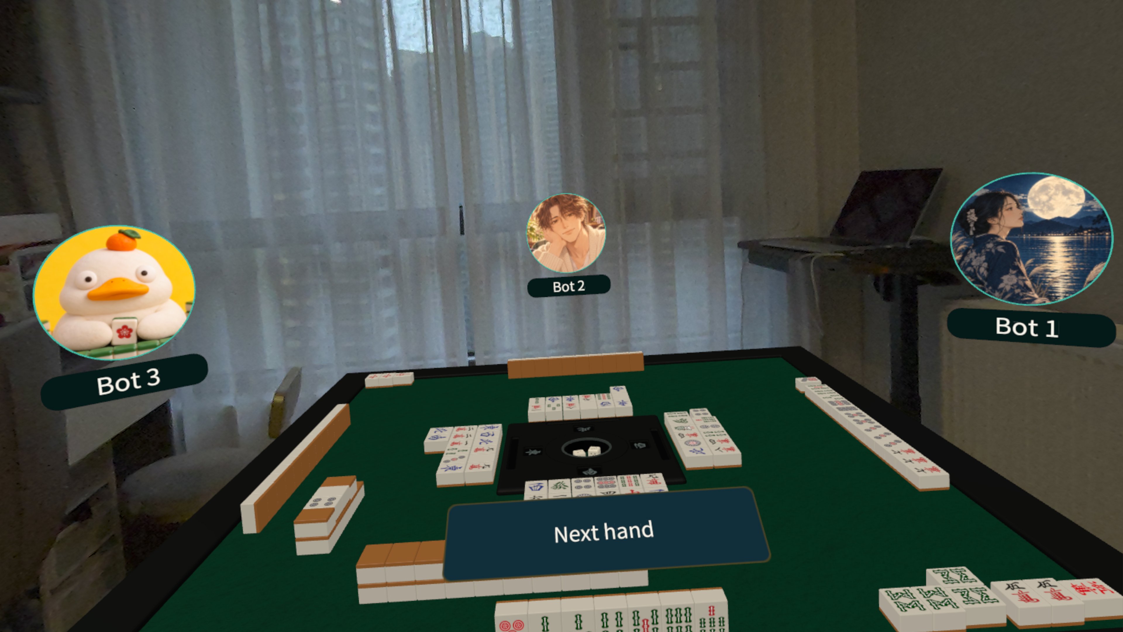 The mahjong table and three bot opponents in a real room using Quest passthrough