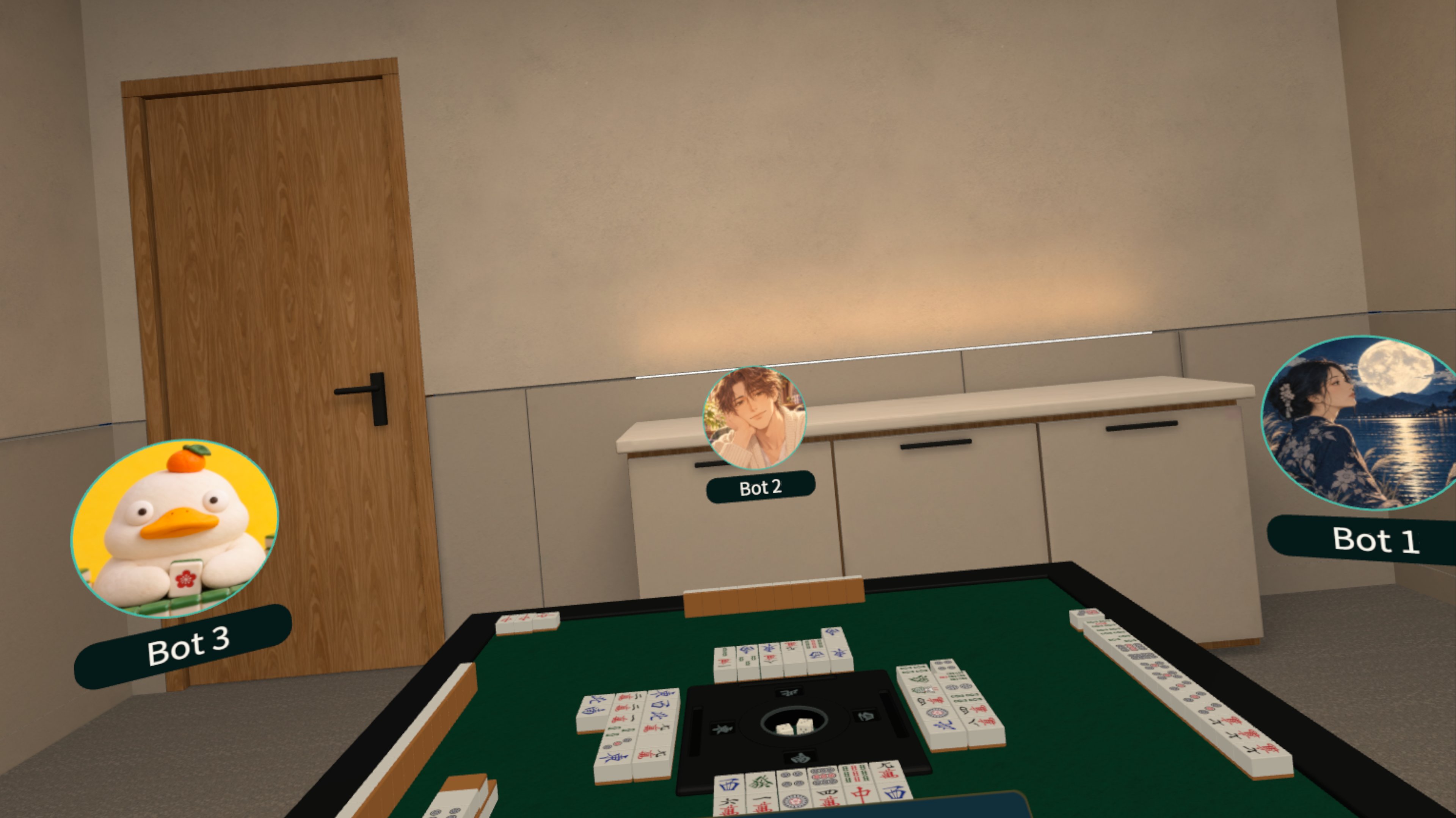 A green four-player mahjong table with bot opponents inside the virtual parlor
